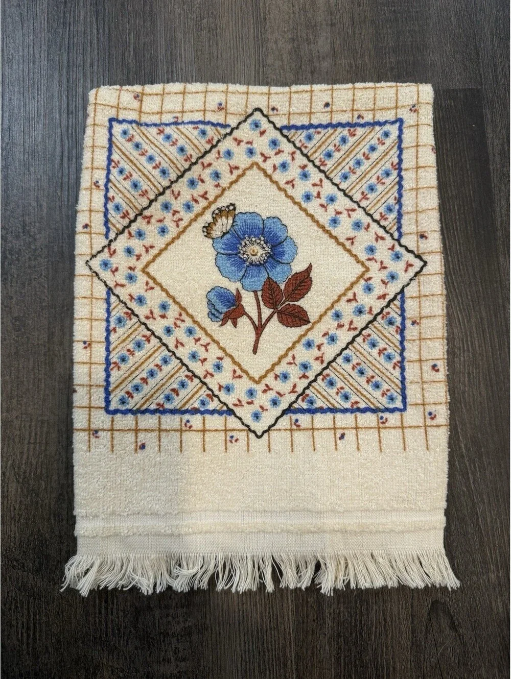 CANNON Hand Kitchen Towel Fringe 70s NOS Blue Rose Butterfly Flower Vtg